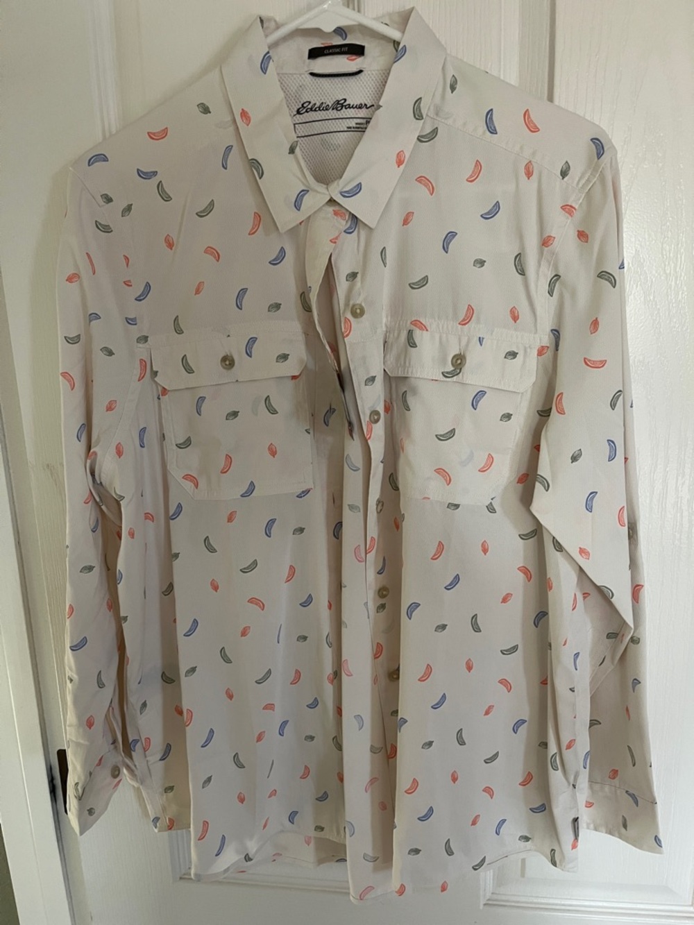 Eddie Bauer Cream Long-Sleeve Button-Down Shirt with Multicolor Print